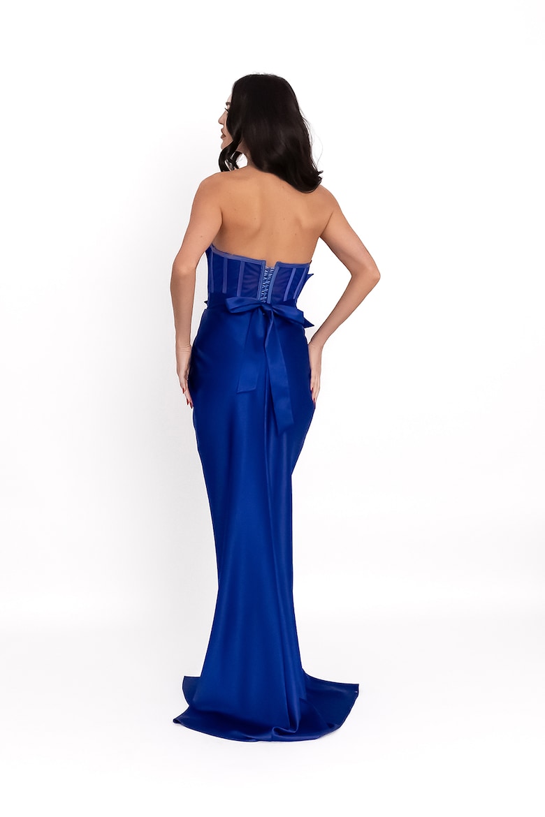 Long Satin-Finish Dress with Floral Appliqué, Royal Blue 3