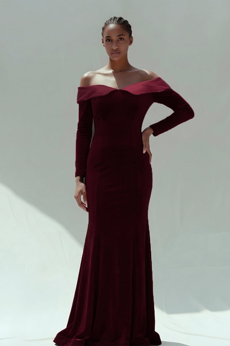 Velvet Dress with One-Shoulder Neckline, Burgundy