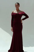 Velvet Dress with One-Shoulder Neckline, Burgundy