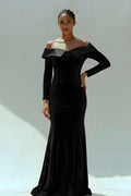 Velvet Dress with One-Shoulder Neckline, Black