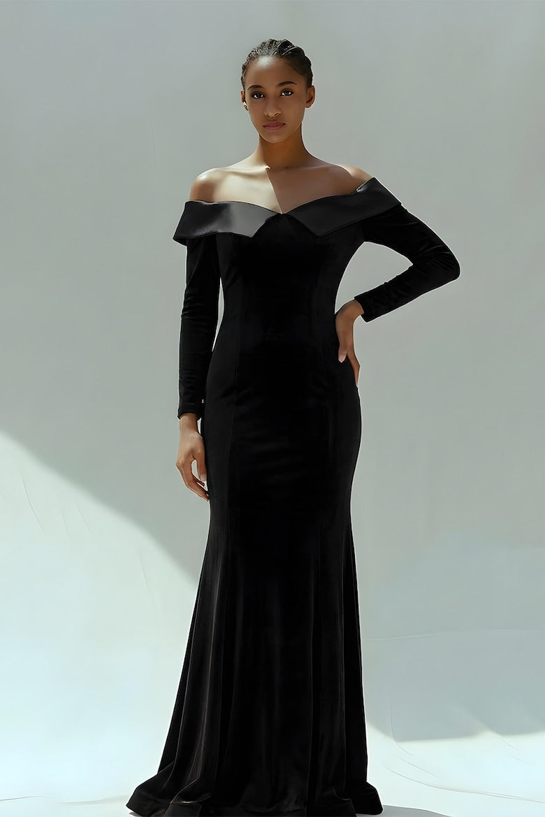 Velvet Dress with One-Shoulder Neckline, Black