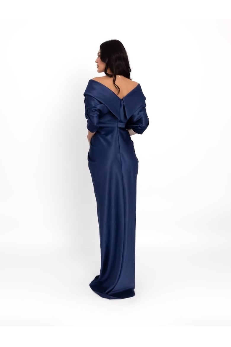 Satin Maxi Dress with Off-the-Shoulder Neckline, Navy Blue 6