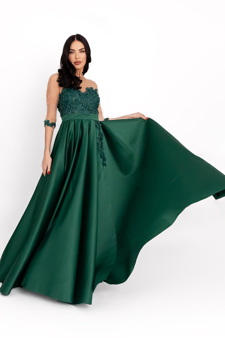Satin Dress with Tulle Inserts, English Green 2