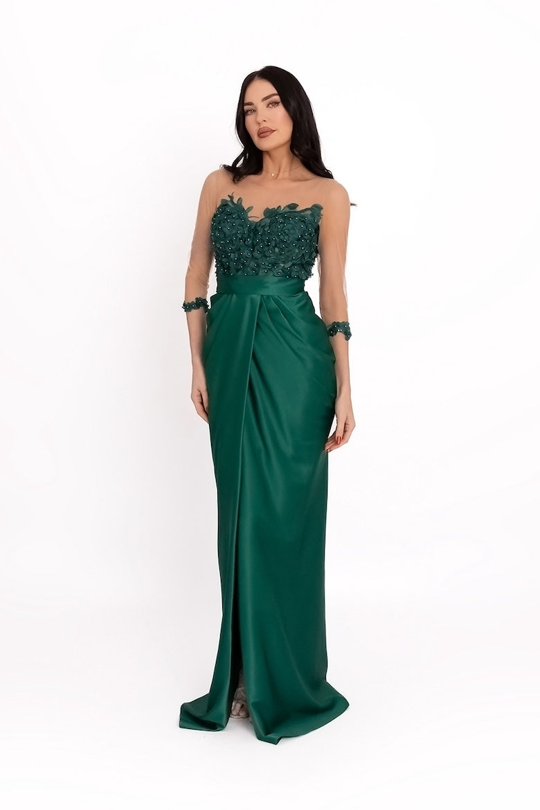 Long Satin Dress, English Green