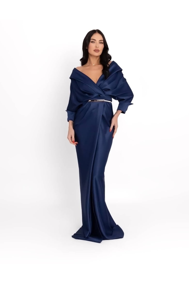 Satin Maxi Dress with Off-the-Shoulder Neckline, Navy Blue 5