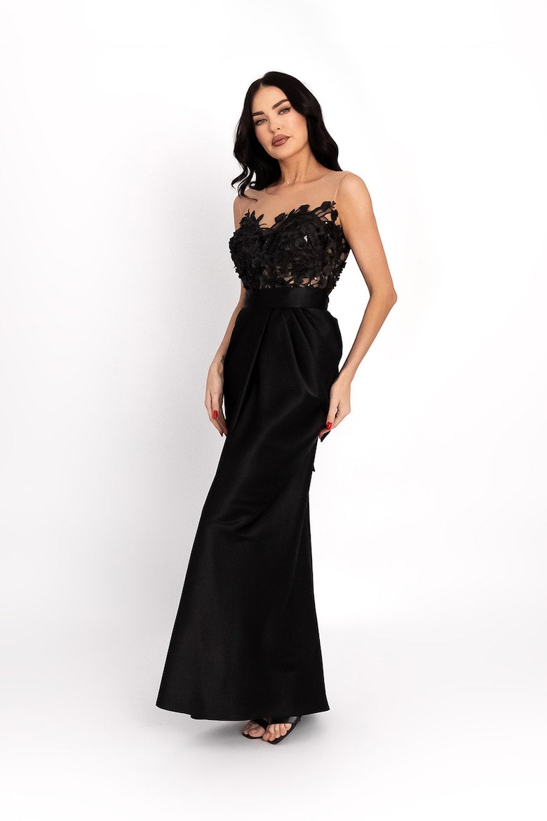 Maxi Dress with Floral Appliqués, Black 4