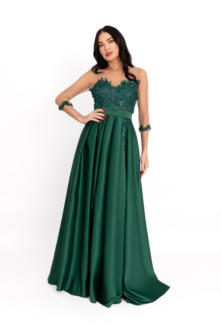 Satin Dress with Tulle Inserts, English Green
