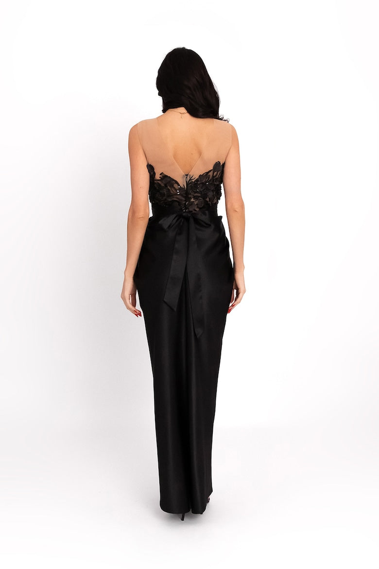 Maxi Dress with Floral Appliqués, Black 5