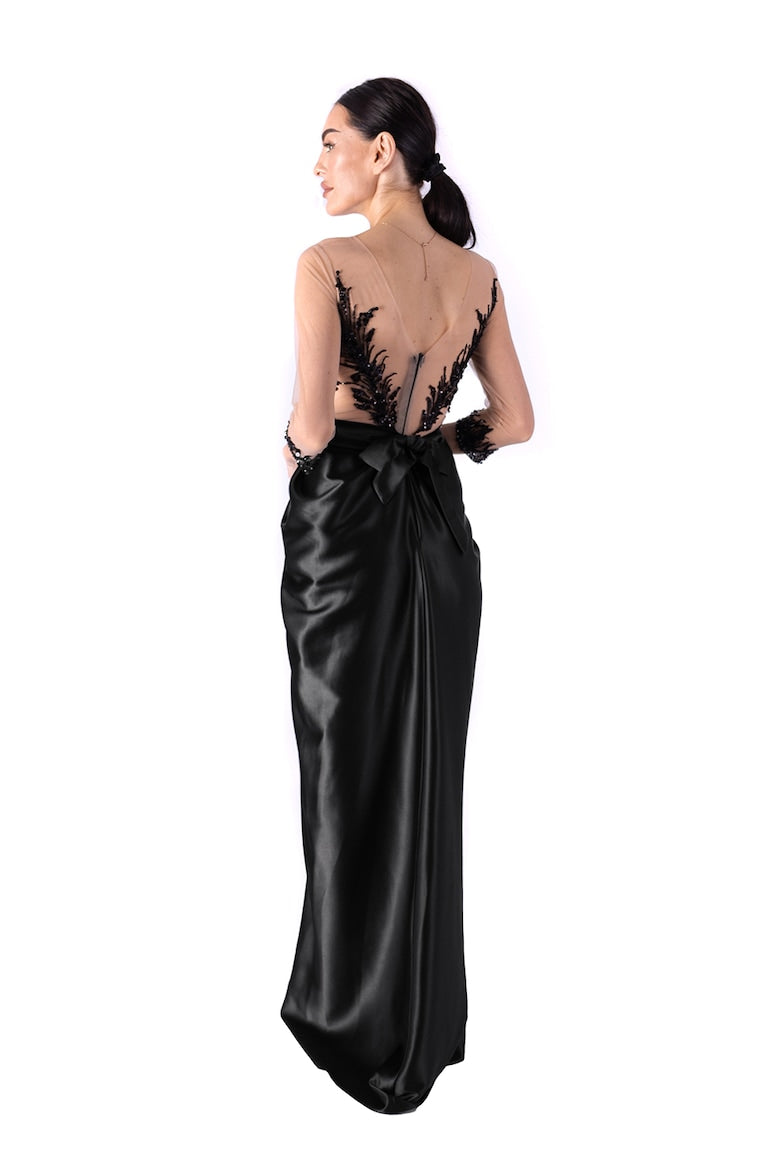 Maxi Dress with Mesh Panel, Black 2