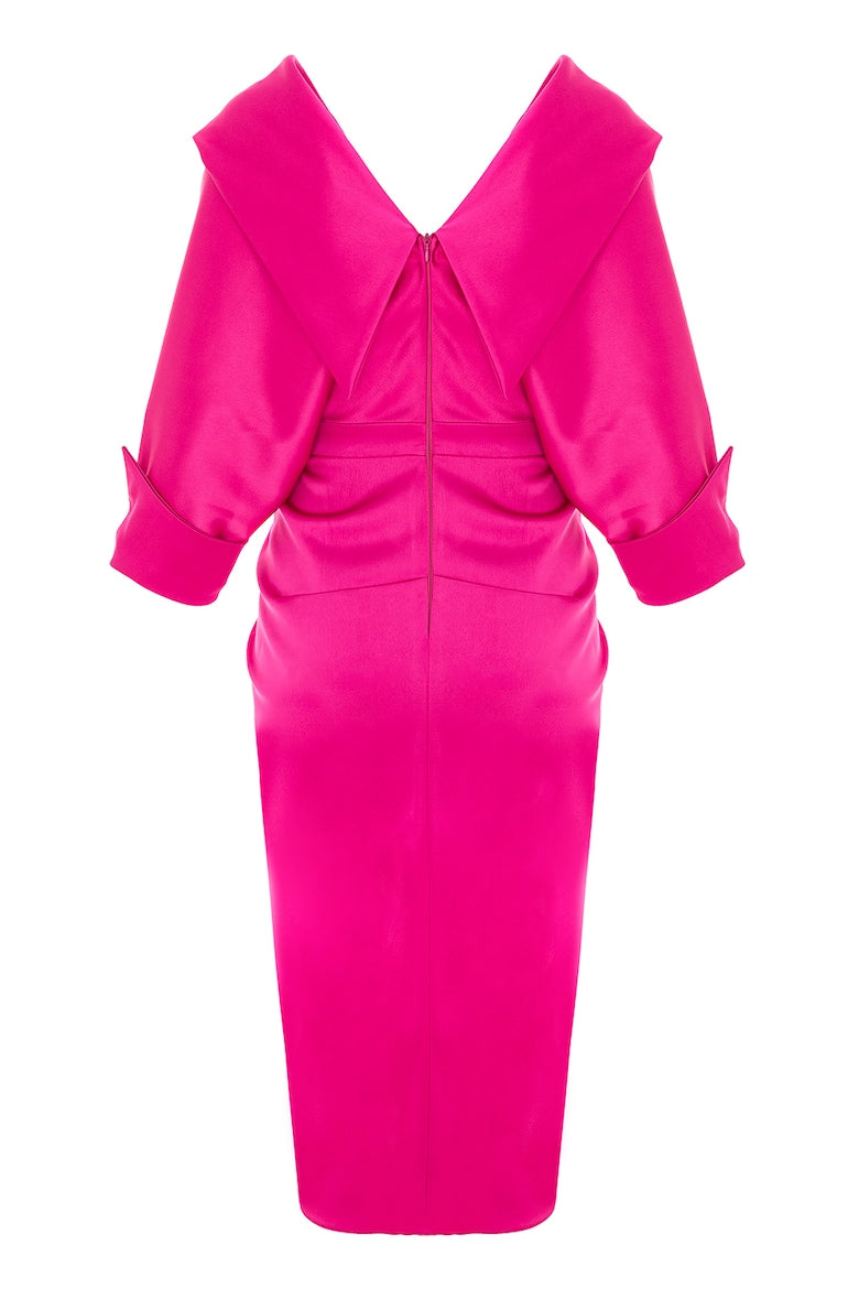 Draped Midi Dress with Three-Quarter Sleeves, Fuchsia 5