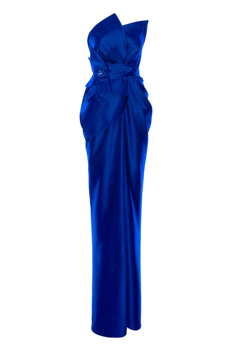 Long Satin-Finish Dress with Floral Appliqué, Royal Blue 4