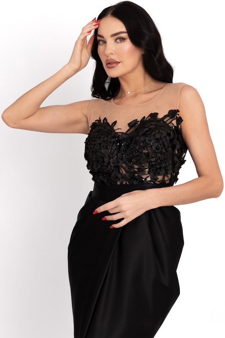 Maxi Dress with Floral Appliqués, Black 6