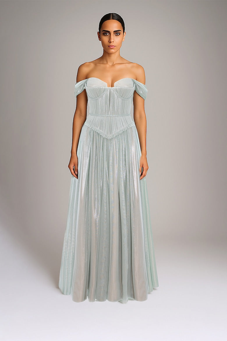 Maxi Dress with Off-the-Shoulder Neckline, Ice Blue