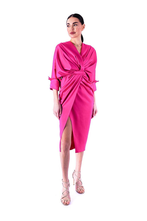 Draped Midi Dress with Three-Quarter Sleeves, Fuchsia 2
