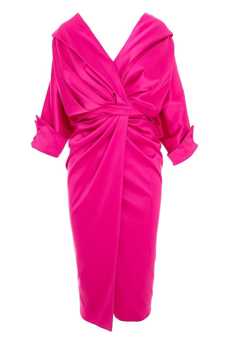 Draped Midi Dress with Three-Quarter Sleeves, Fuchsia 4