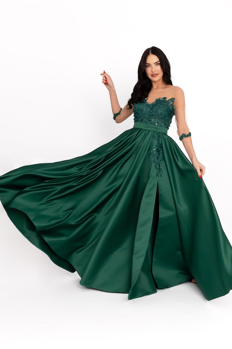 Satin Dress with Tulle Inserts, English Green 4