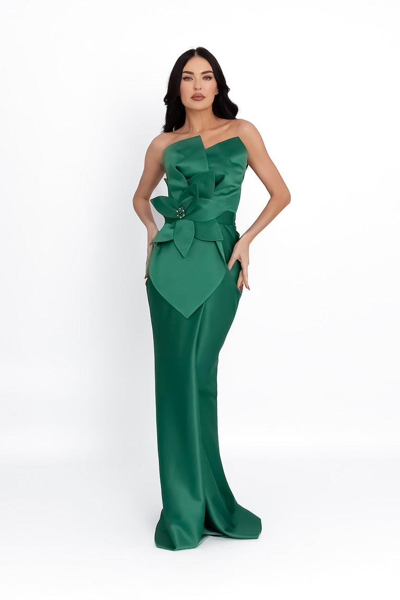 Fitted Long Dress with Satin Finish and Appliqués, Dark Green