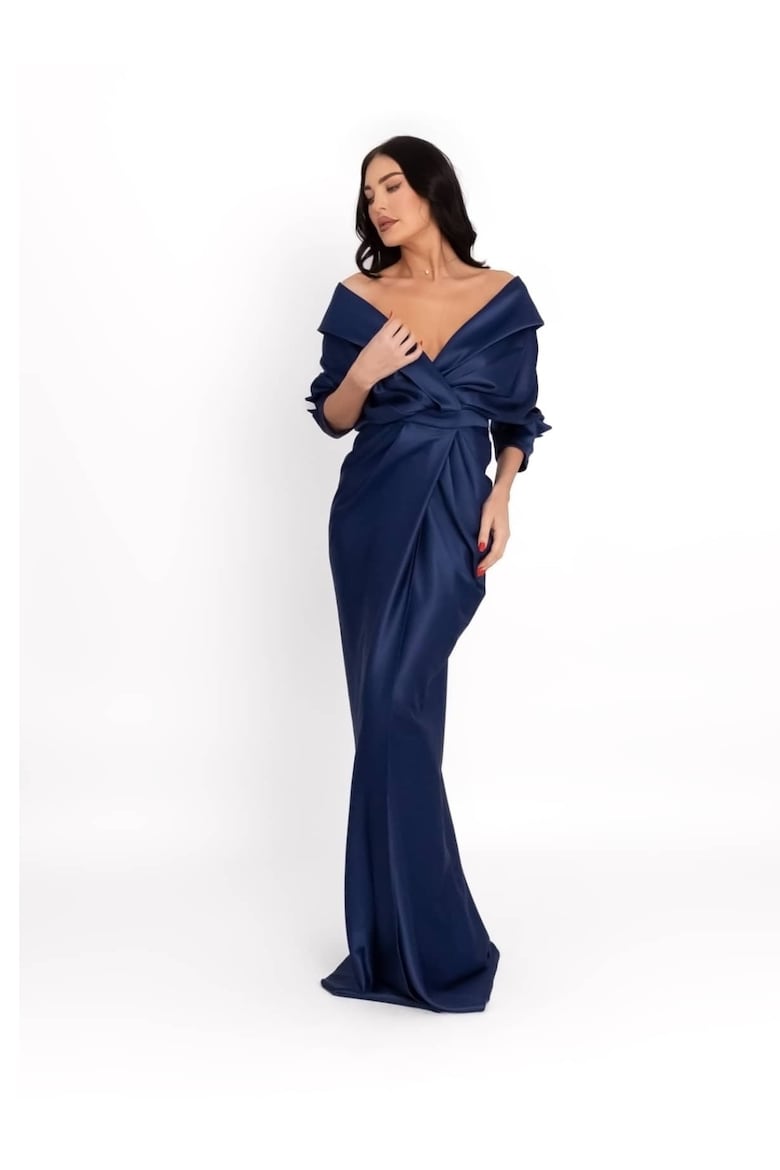 Satin Maxi Dress with Off-the-Shoulder Neckline, Navy Blue 4