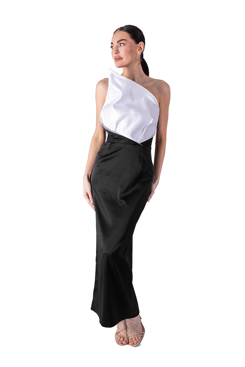 Satin Dress with One-Shoulder Neckline, Black and White 2