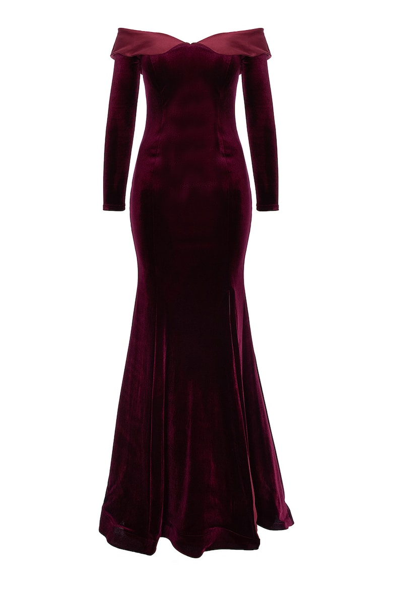 Velvet Dress with One-Shoulder Neckline, Burgundy 2