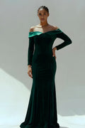 Velvet Dress with One-Shoulder Neckline, Sea Green