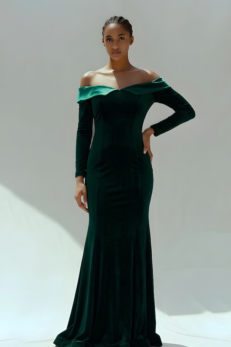 Velvet Dress with One-Shoulder Neckline, Sea Green