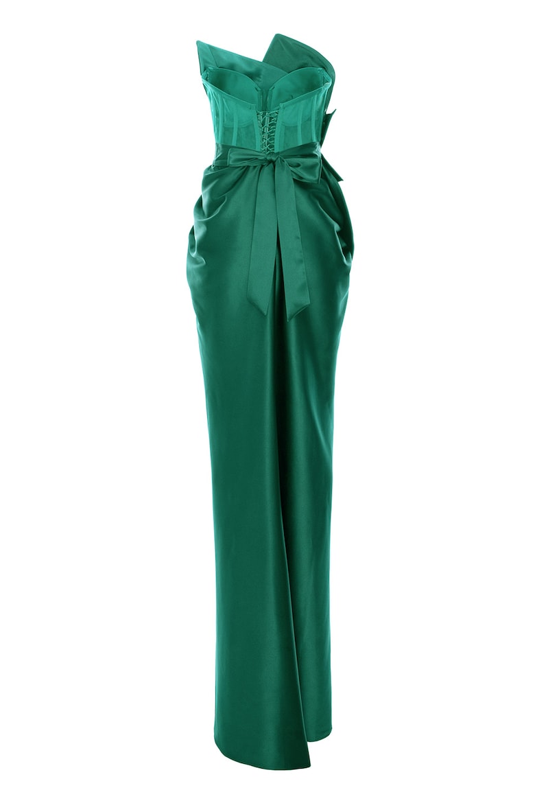 Fitted Long Dress with Satin Finish and Appliqués, Dark Green 6