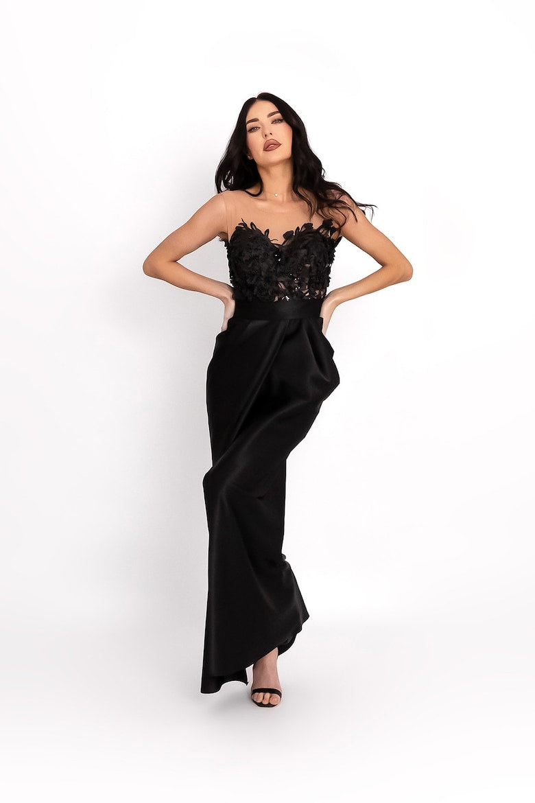 Maxi Dress with Floral Appliqués, Black 2