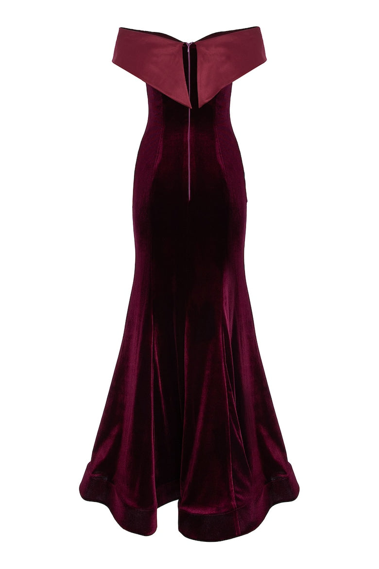 Velvet Dress with One-Shoulder Neckline, Burgundy 4