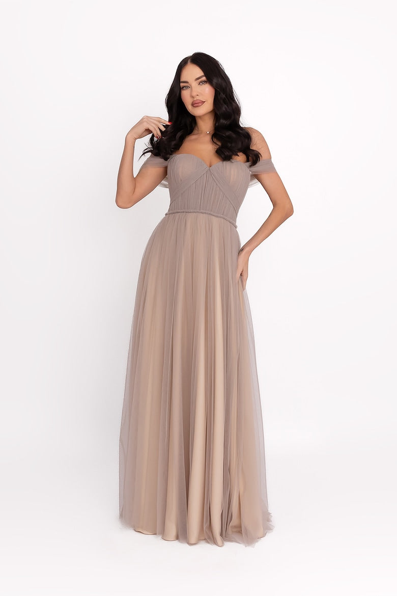 Maxi Dress with Off-the-Shoulder Neckline, Greige