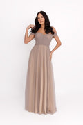 Maxi Dress with Off-the-Shoulder Neckline, Greige