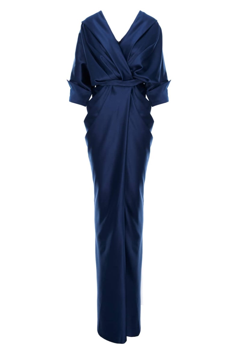 Satin Maxi Dress with Off-the-Shoulder Neckline, Navy Blue 3