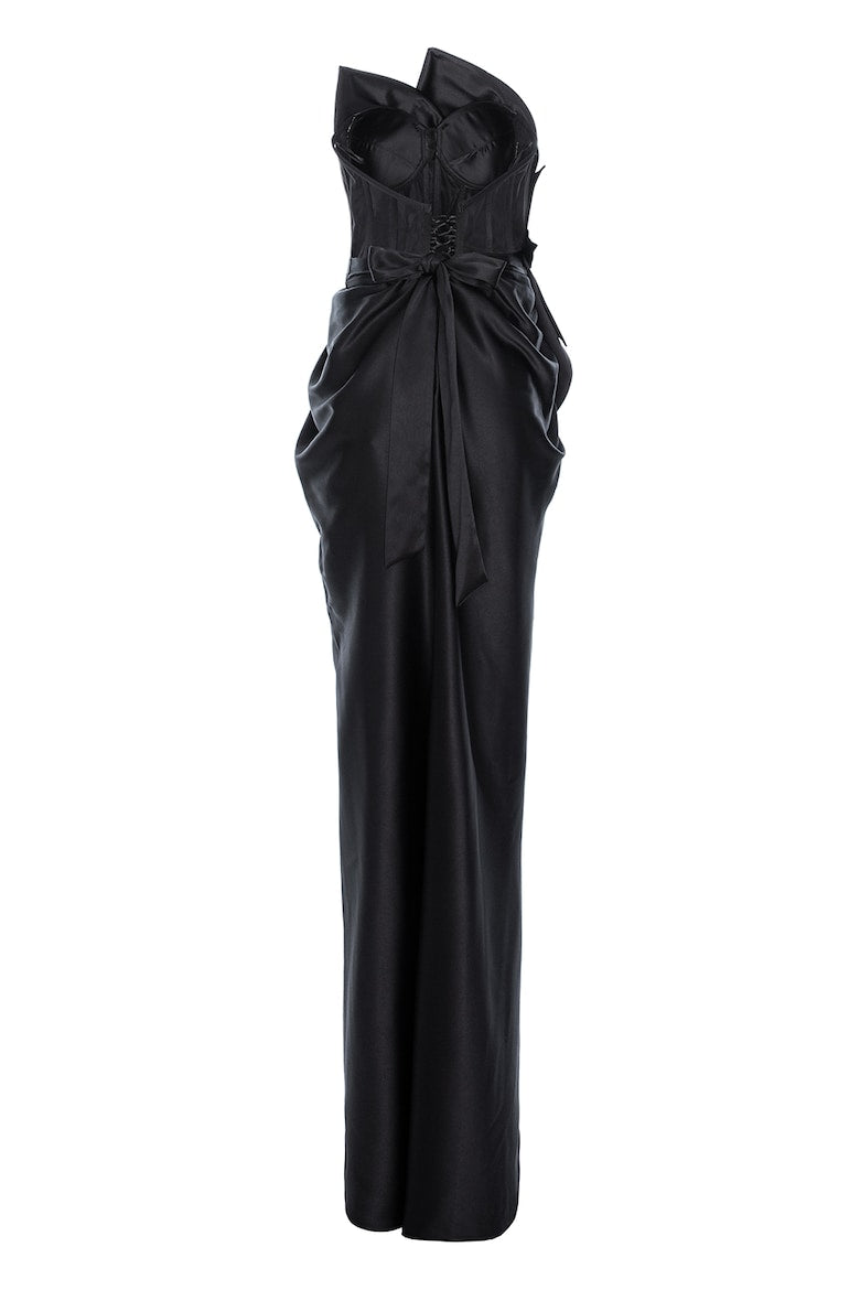 Fitted Long Dress with Satin Finish and Appliqués, Black 2