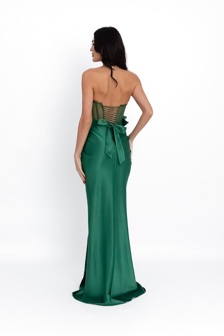 Fitted Long Dress with Satin Finish and Appliqués, Dark Green 3