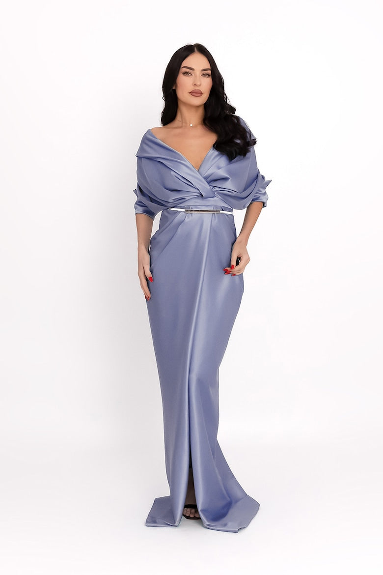 Draped Dress with Front Slit, Dusty Blue 2