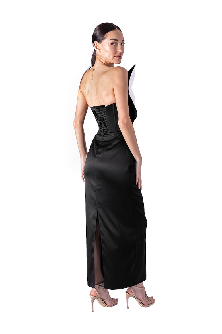 Satin Dress with One-Shoulder Neckline, Black and White 3