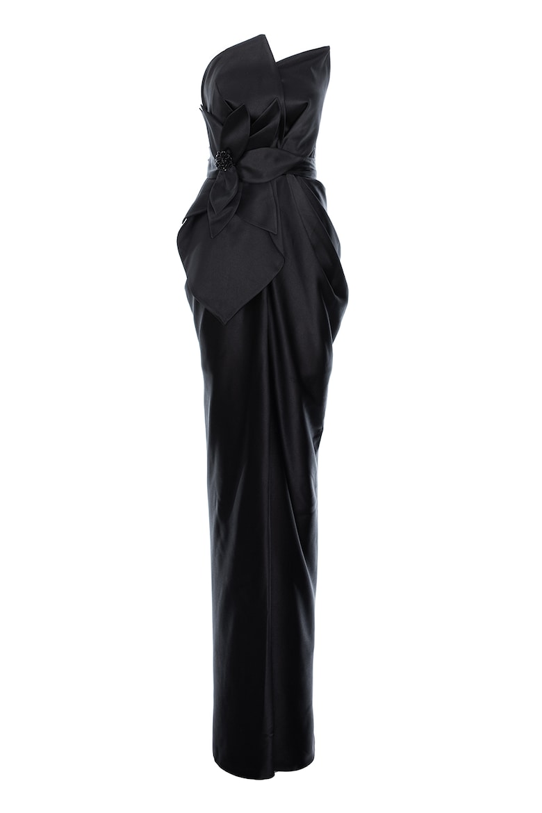 Fitted Long Dress with Satin Finish and Appliqués, Black