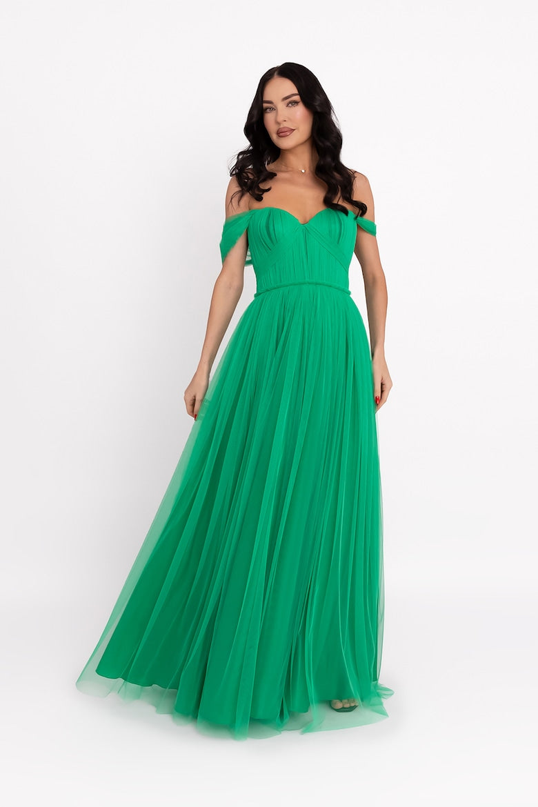 Maxi Dress with Off-the-Shoulder Neckline, Green