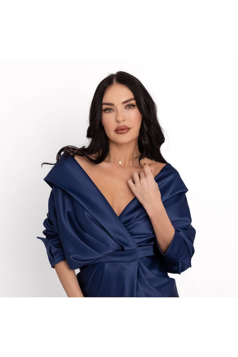 Satin Maxi Dress with Off-the-Shoulder Neckline, Navy Blue