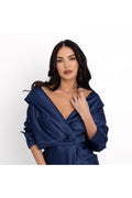 Satin Maxi Dress with Off-the-Shoulder Neckline, Navy Blue