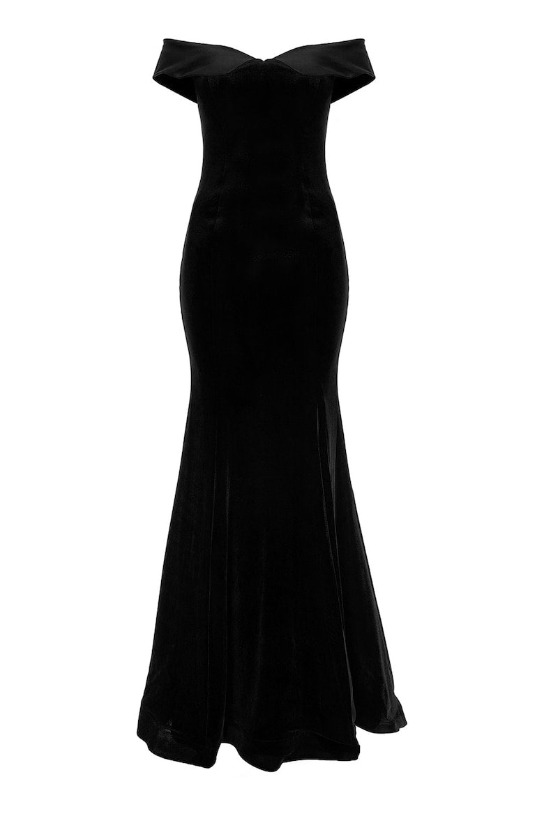 Velvet Dress with One-Shoulder Neckline, Black 2