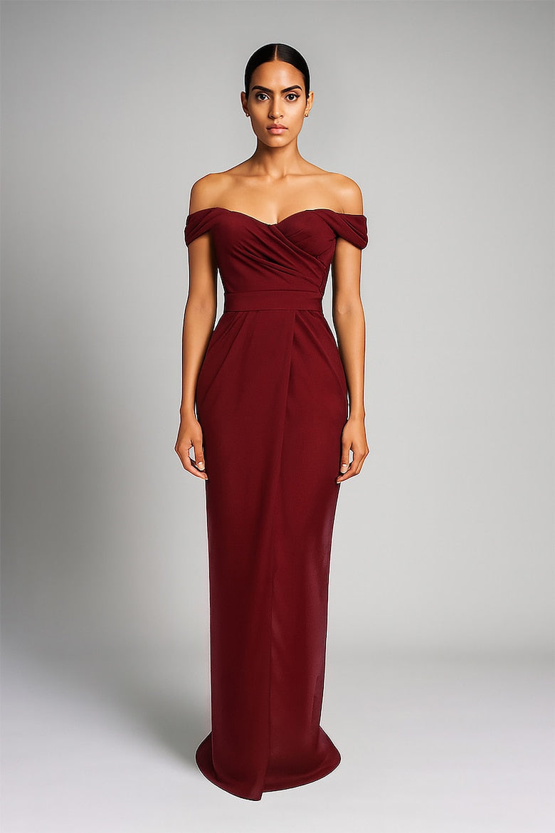 Draped Maxi Dress with Off-the-Shoulder Neckline, Burgundy
