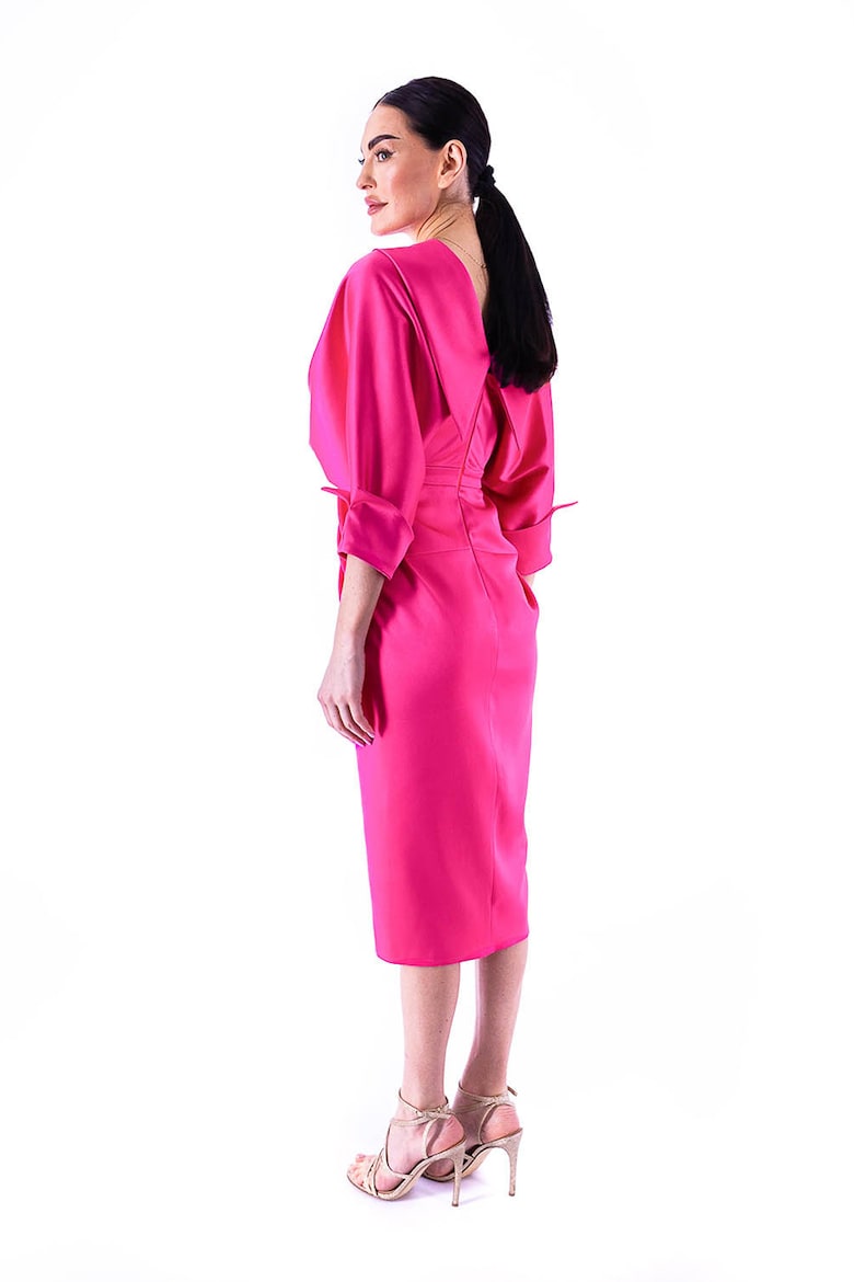 Draped Midi Dress with Three-Quarter Sleeves, Fuchsia 3