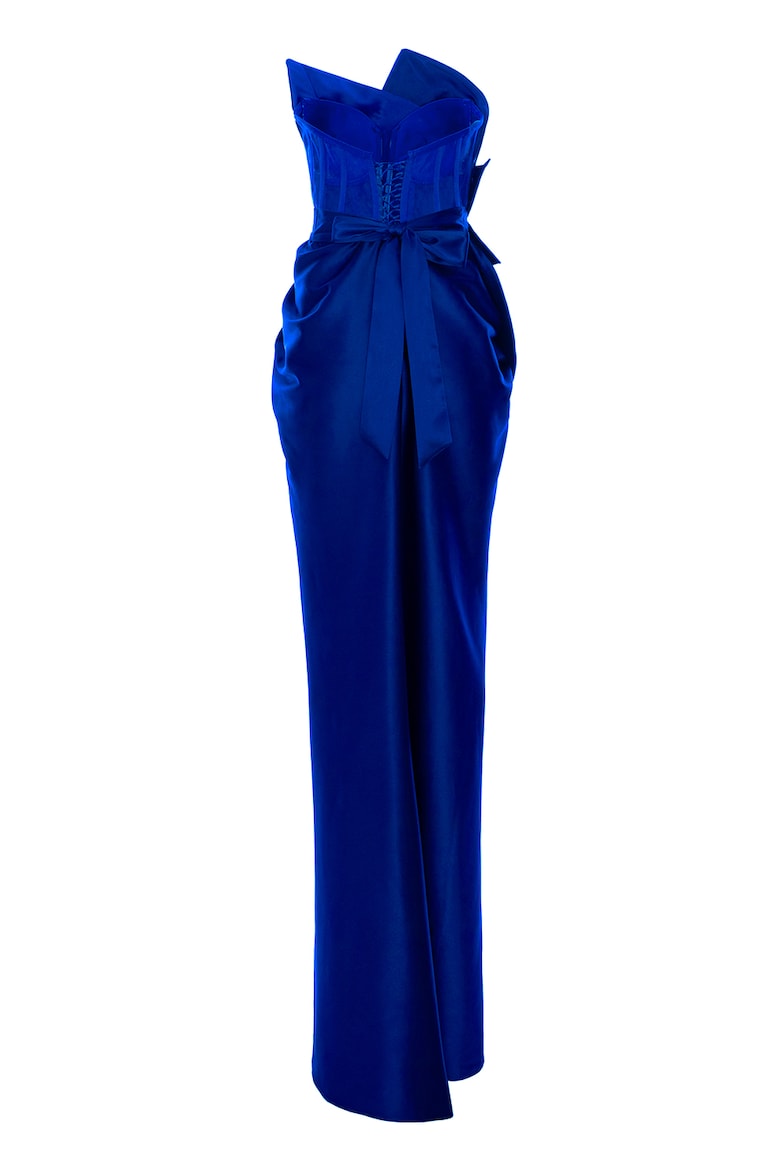 Long Satin-Finish Dress with Floral Appliqué, Royal Blue 5