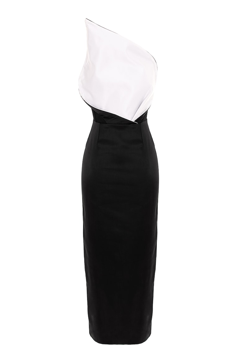 Satin Dress with One-Shoulder Neckline, Black and White 5