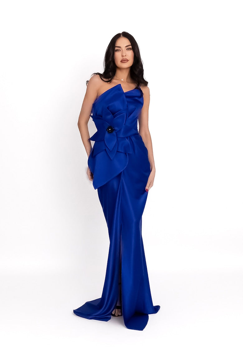 Long Satin-Finish Dress with Floral Appliqué, Royal Blue