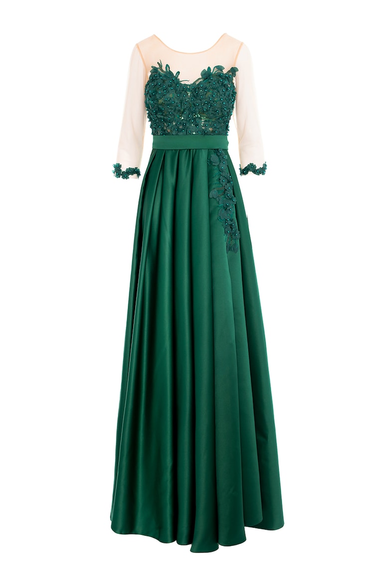 Satin Dress with Tulle Inserts, English Green 5