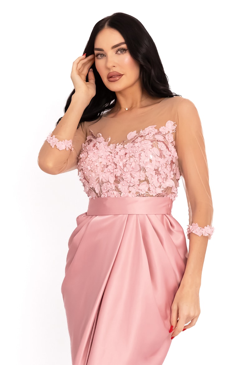 Satin Dress with Floral Detail, Pastel Pink 2
