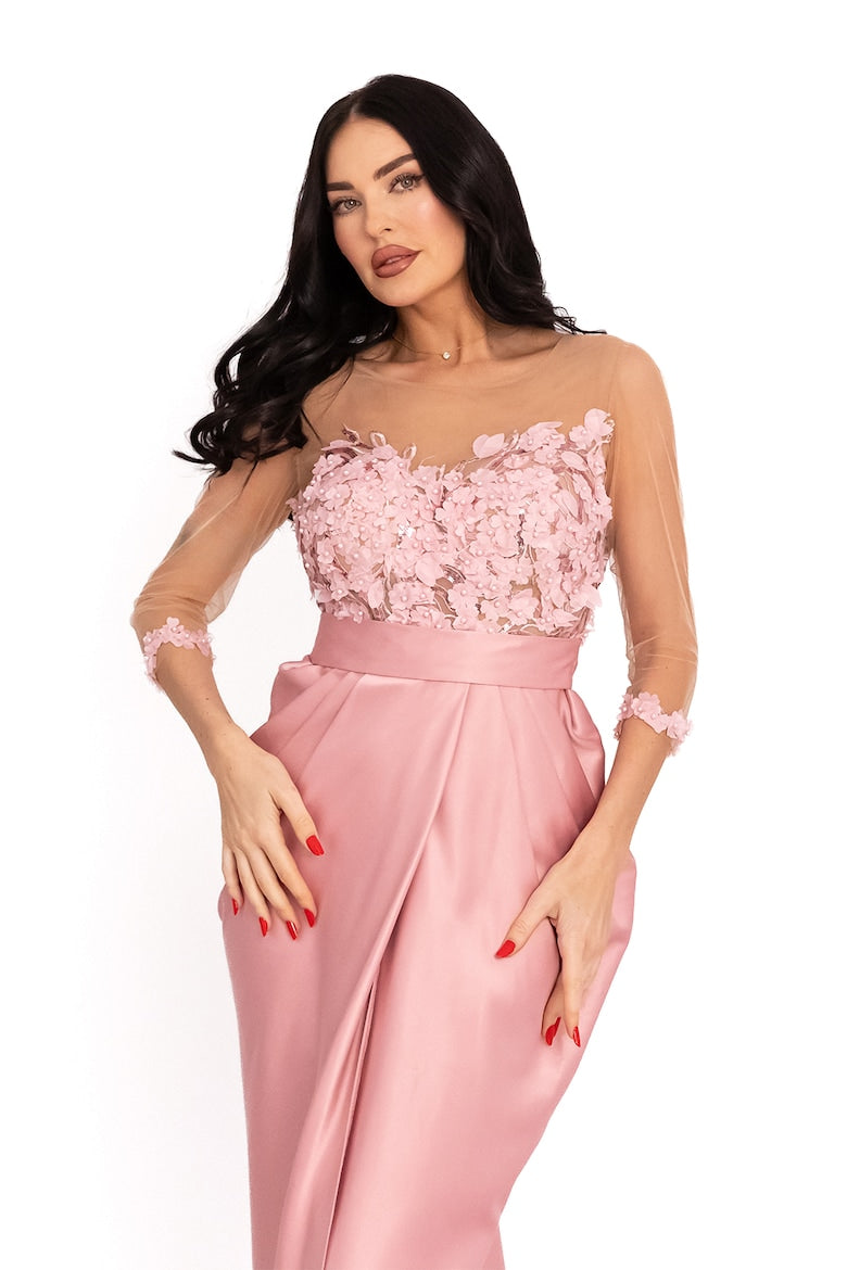 Satin Dress with Floral Detail, Pastel Pink 4