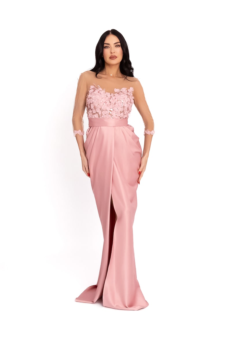 Satin Dress with Floral Detail, Pastel Pink